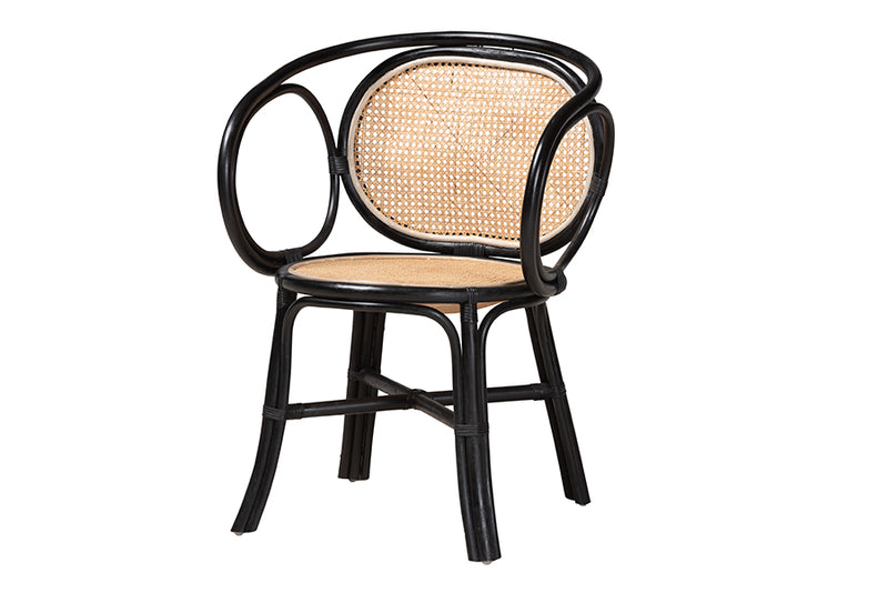 Nadeen Modern Bohemian Two-Tone Black and  Natural Brown Rattan Dining Chair