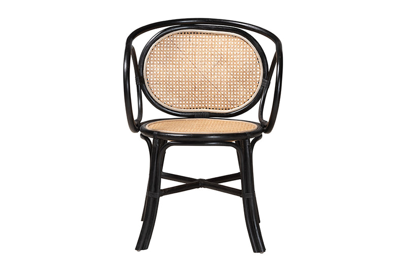 Nadeen Modern Bohemian Two-Tone Black and  Natural Brown Rattan Dining Chair