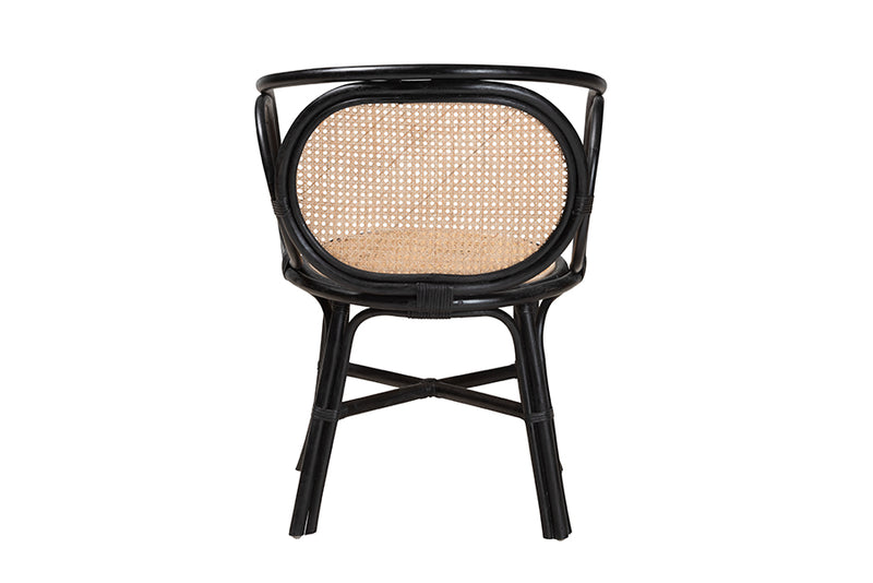 Nadeen Modern Bohemian Two-Tone Black and  Natural Brown Rattan Dining Chair