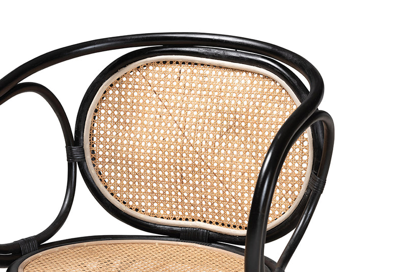 Nadeen Modern Bohemian Two-Tone Black and  Natural Brown Rattan Dining Chair