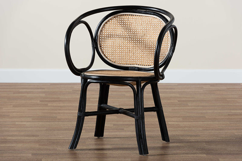 Nadeen Modern Bohemian Two-Tone Black and  Natural Brown Rattan Dining Chair