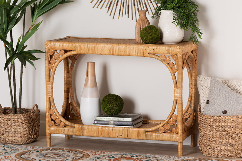 Calidore Modern Bohemian Light Honey Rattan Console Table