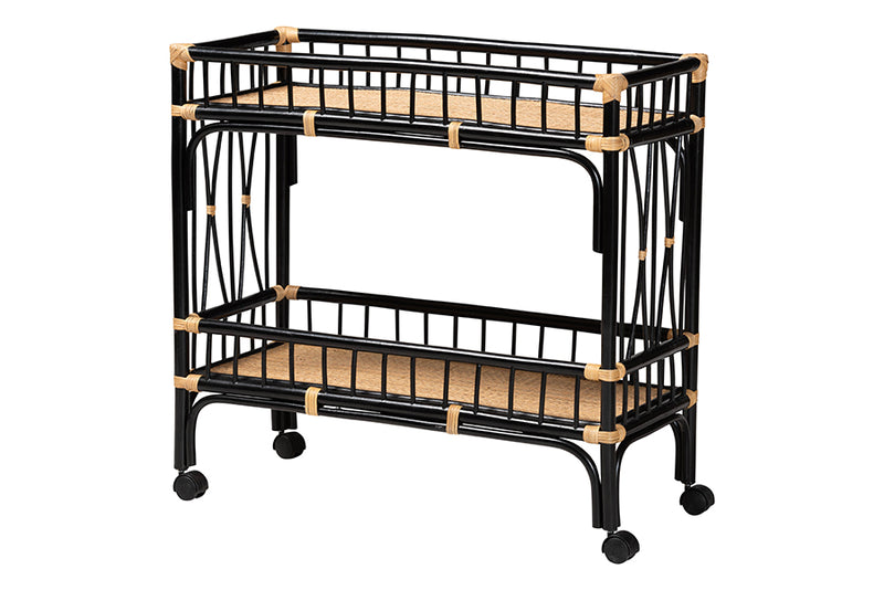 Ilene Modern Bohemian Two-Tone Black and Natural Brown Rattan 2-Tier Kitchen Cart