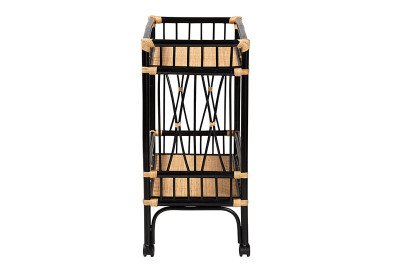 Ilene Modern Bohemian Two-Tone Black and Natural Brown Rattan 2-Tier Kitchen Cart