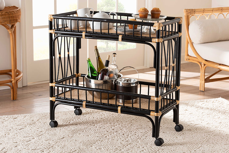 Ilene Modern Bohemian Two-Tone Black and Natural Brown Rattan 2-Tier Kitchen Cart