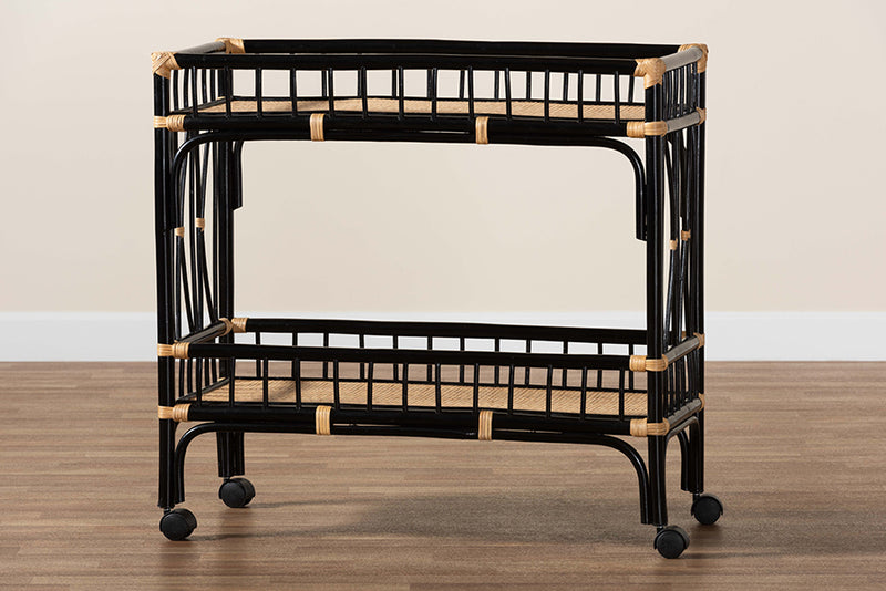 Ilene Modern Bohemian Two-Tone Black and Natural Brown Rattan 2-Tier Kitchen Cart