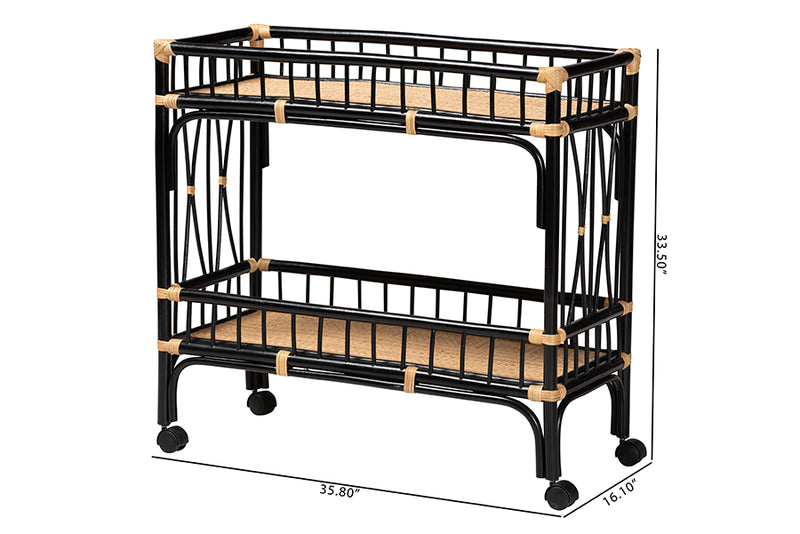 Ilene Modern Bohemian Two-Tone Black and Natural Brown Rattan 2-Tier Kitchen Cart