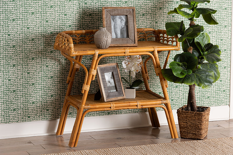 Harmon Modern Bohemian Natural Rattan 2-Tier Console Table