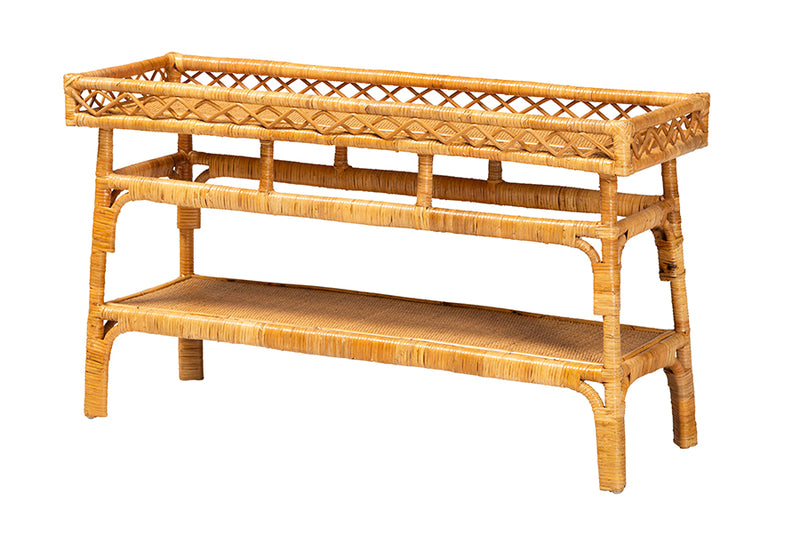 Carabella Modern Bohemian Natural Rattan 2-Tier Console Table