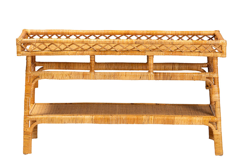 Carabella Modern Bohemian Natural Rattan 2-Tier Console Table