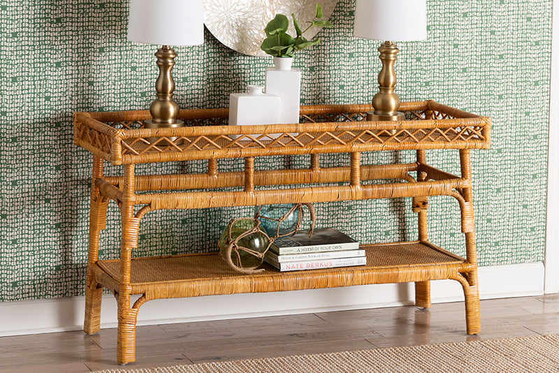 Carabella Modern Bohemian Natural Rattan 2-Tier Console Table