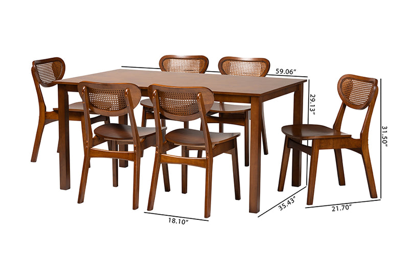 Eridian Mid-Century Modern Walnut Brown Finished Wood and Woven Rattan 7-Piece Dining Set