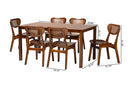 Eridian Walnut Brown and Woven Rattan 7-Piece Dining Set Baxton