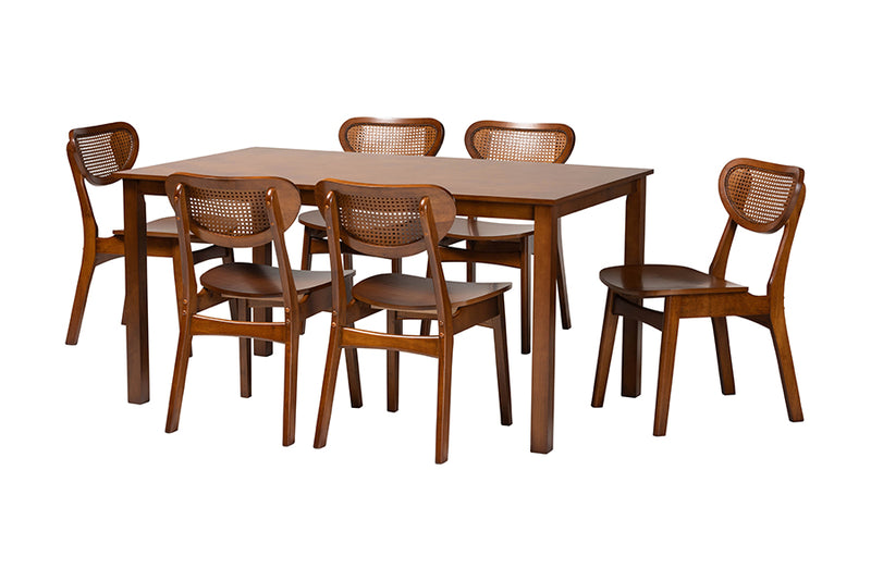 Eridian Mid-Century Modern Walnut Brown Finished Wood and Woven Rattan 7-Piece Dining Set