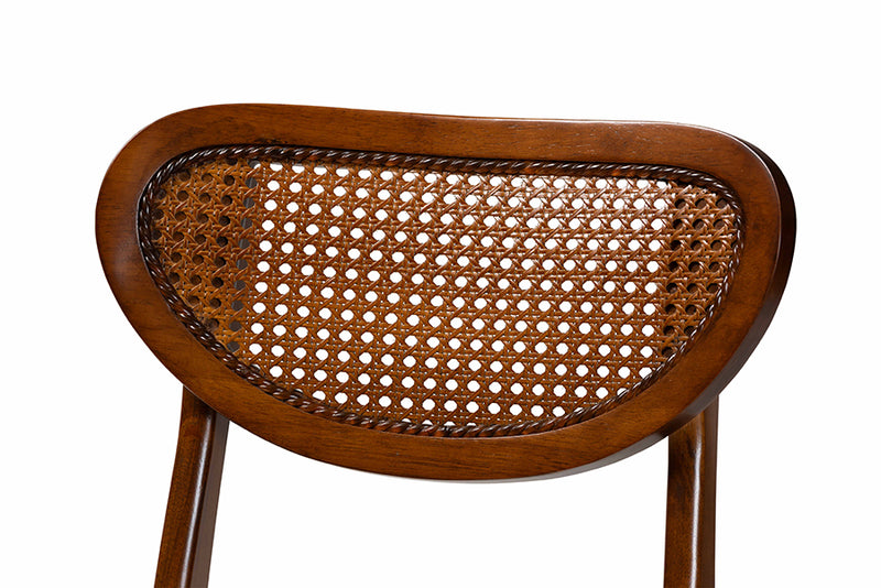 Eridian Mid-Century Modern Walnut Brown Finished Wood and Woven Rattan 7-Piece Dining Set