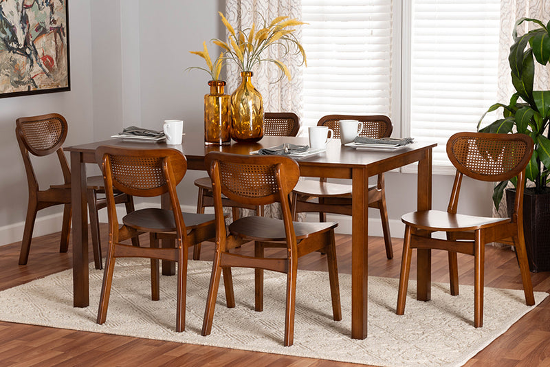 Eridian Mid-Century Modern Walnut Brown Finished Wood and Woven Rattan 7-Piece Dining Set