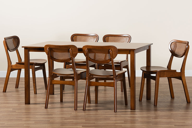 Eridian Mid-Century Modern Walnut Brown Finished Wood and Woven Rattan 7-Piece Dining Set