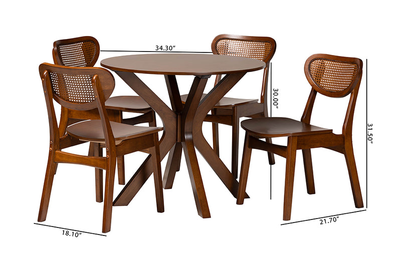 Feronia Mid-Century Modern Walnut Brown Finished Wood and Woven Rattan 5-Piece Dining Set