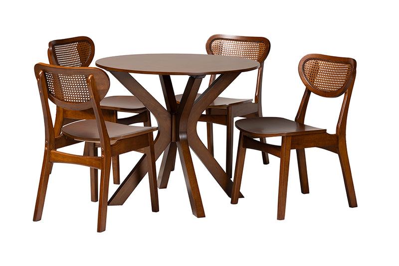 Feronia Mid-Century Modern Walnut Brown Finished Wood and Woven Rattan 5-Piece Dining Set