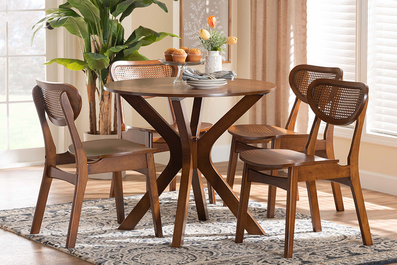 Feronia Mid-Century Modern Walnut Brown Finished Wood and Woven Rattan 5-Piece Dining Set