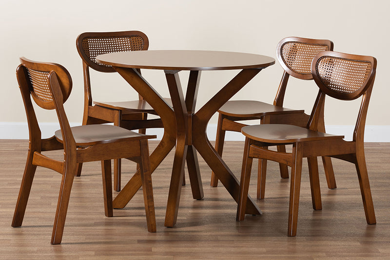 Feronia Mid-Century Modern Walnut Brown Finished Wood and Woven Rattan 5-Piece Dining Set