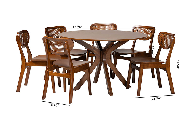 Feronia Mid-Century Modern Walnut Brown Finished Wood and Woven Rattan 7-Piece Dining Set