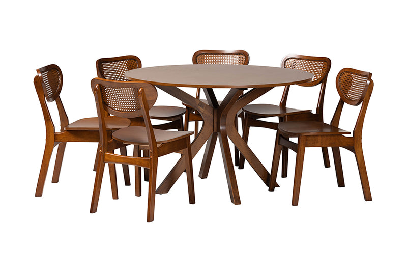 Feronia Mid-Century Modern Walnut Brown Finished Wood and Woven Rattan 7-Piece Dining Set