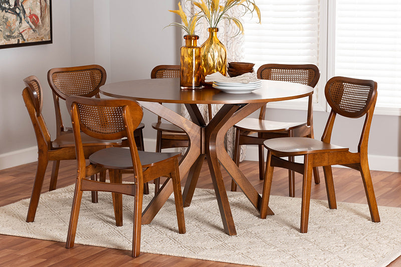 Feronia Mid-Century Modern Walnut Brown Finished Wood and Woven Rattan 7-Piece Dining Set