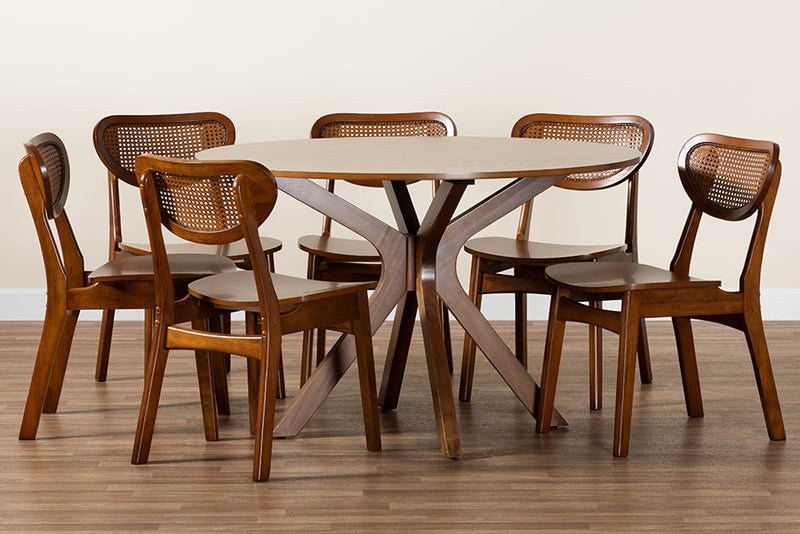 Feronia Mid-Century Modern Walnut Brown Finished Wood and Woven Rattan 7-Piece Dining Set