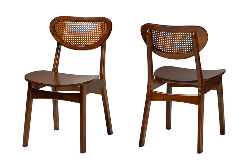 Bentley Mid-Century Modern Walnut Brown Finished Wood and Rattan 2-Piece Dining Chair Set