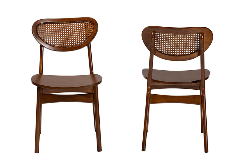 Bentley Mid-Century Modern Walnut Brown Finished Wood and Rattan 2-Piece Dining Chair Set