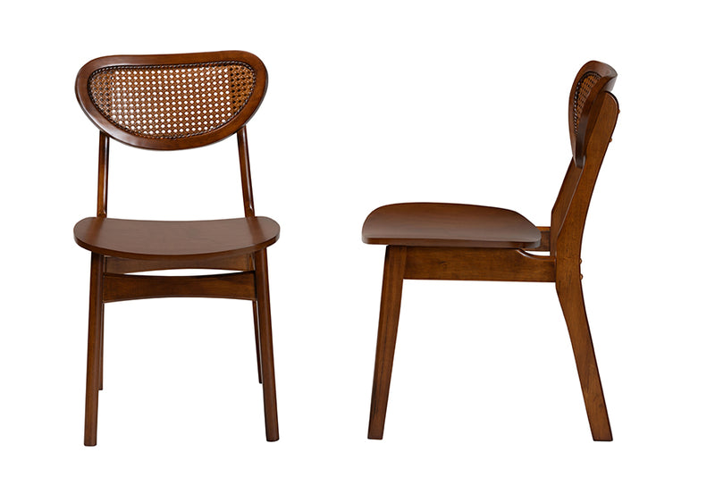 Bentley Mid-Century Modern Walnut Brown Finished Wood and Rattan 2-Piece Dining Chair Set