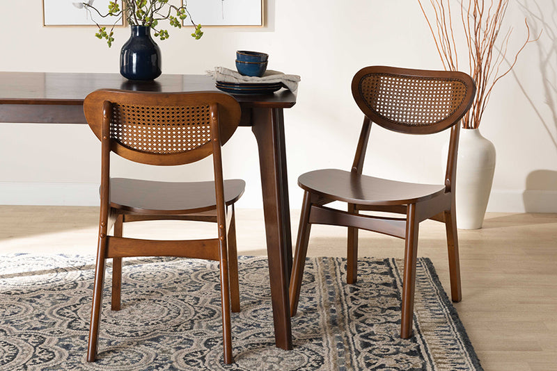 Bentley Mid-Century Modern Walnut Brown Finished Wood and Rattan 2-Piece Dining Chair Set