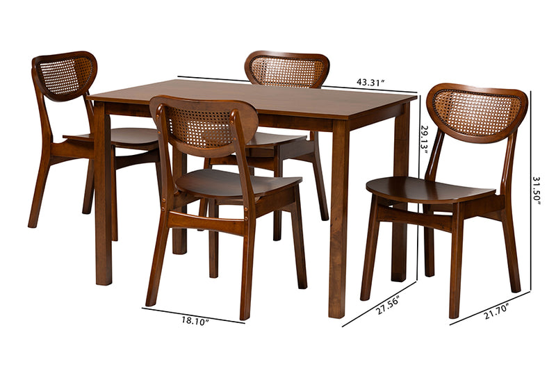 Eridian Mid-Century Modern Walnut Brown Finished Wood and Woven Rattan 5-Piece Dining Set