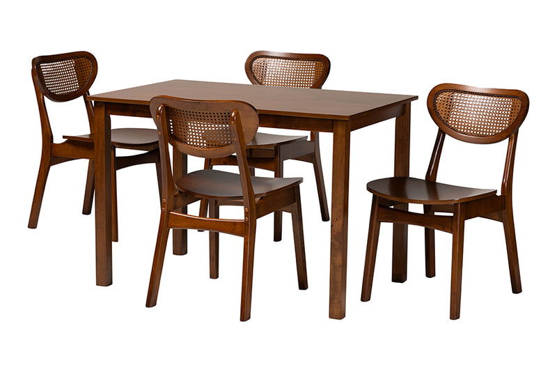 Eridian Mid-Century Modern Walnut Brown Finished Wood and Woven Rattan 5-Piece Dining Set