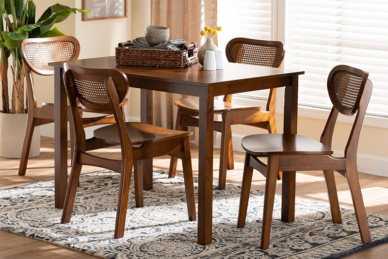 Eridian Mid-Century Modern Walnut Brown Finished Wood and Woven Rattan 5-Piece Dining Set