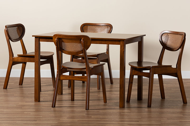 Eridian Mid-Century Modern Walnut Brown Finished Wood and Woven Rattan 5-Piece Dining Set