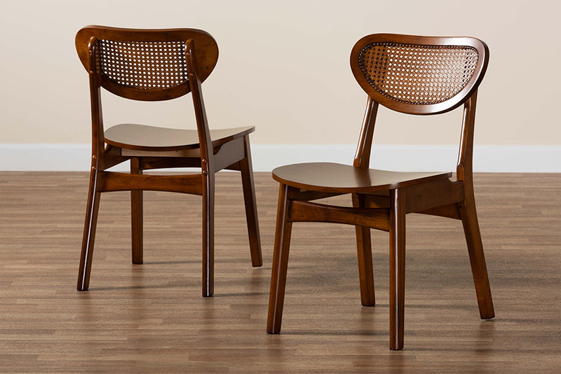 Bentley Mid-Century Modern Walnut Brown Finished Wood and Rattan 2-Piece Dining Chair Set