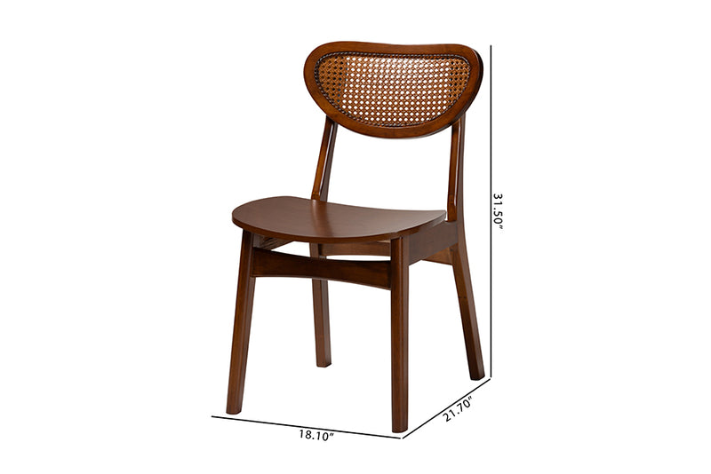 Bentley Mid-Century Modern Walnut Brown Finished Wood and Rattan 2-Piece Dining Chair Set