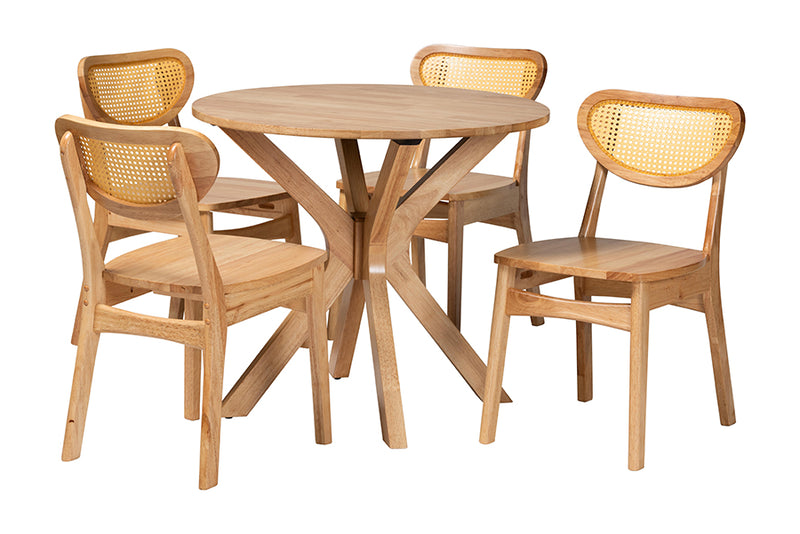 Edena Mid-Century Modern Oak Brown Finished Wood and Rattan 5-Piece Dining Set