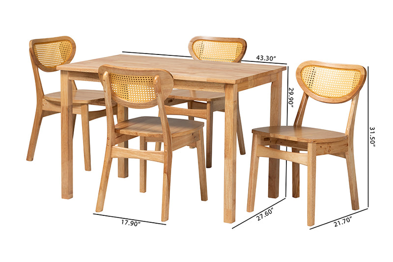 Aliane Mid-Century Modern Oak Brown Finished Wood and Rattan 5-Piece Dining Set