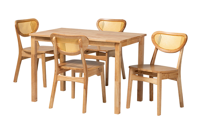 Aliane Mid-Century Modern Oak Brown Finished Wood and Rattan 5-Piece Dining Set