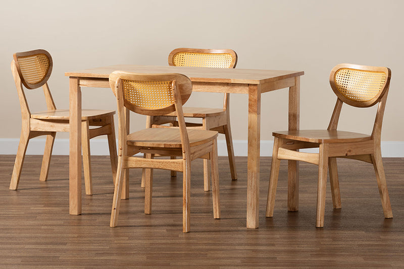 Aliane Oak Brown and Rattan 5-Piece Dining Set Baxton