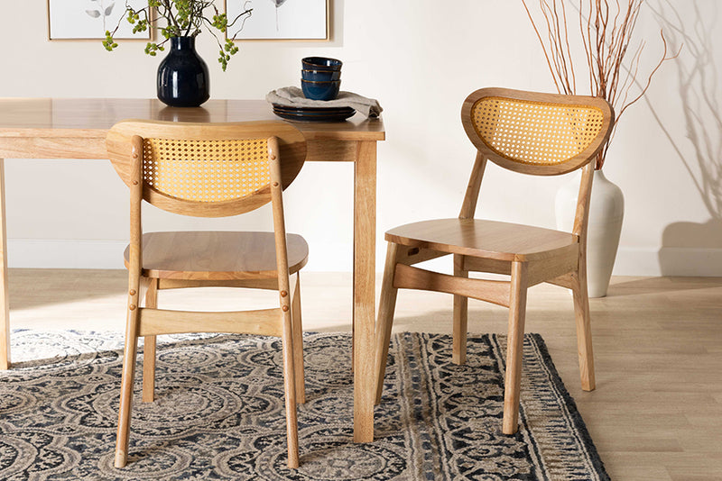 Madrona Mid-Century Modern Oak Brown Finished Wood and Rattan 2-Piece Dining Chair Set