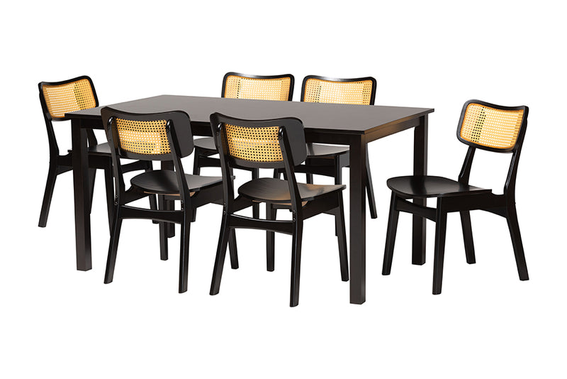 Kenyon Mid-Century Modern Dark Brown Finished Wood and Rattan 7-Piece Dining Set