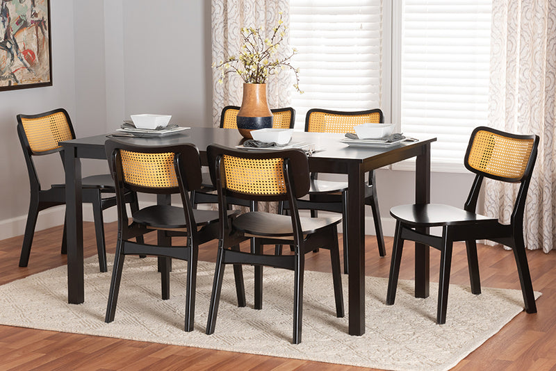 Kenyon Mid-Century Modern Dark Brown Finished Wood and Rattan 7-Piece Dining Set