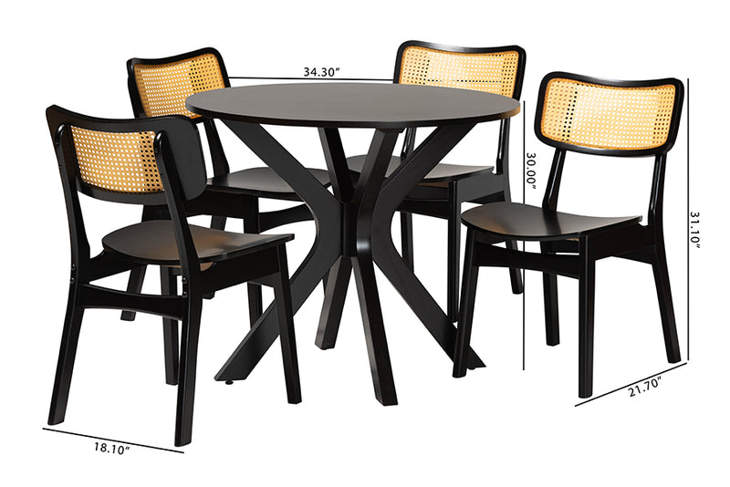 Damara Mid-Century Modern Dark Brown Finished Wood and Rattan 5-Piece Dining Set