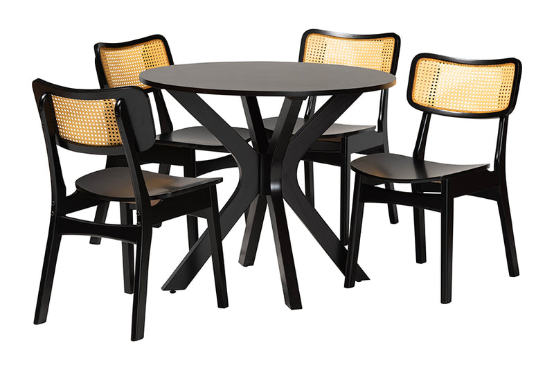 Damara Mid-Century Modern Dark Brown Finished Wood and Rattan 5-Piece Dining Set