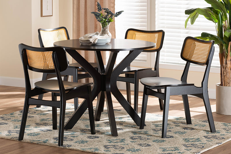 Damara Mid-Century Modern Dark Brown Finished Wood and Rattan 5-Piece Dining Set