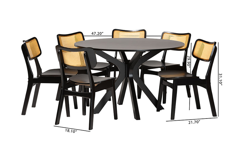 Damara Mid-Century Modern Dark Brown Finished Wood and Rattan 7-Piece Dining Set